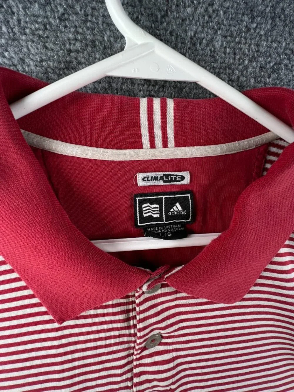 Adidas Mens Large Red White Striped Short Sleeve Cotton Blend Polo Climalite